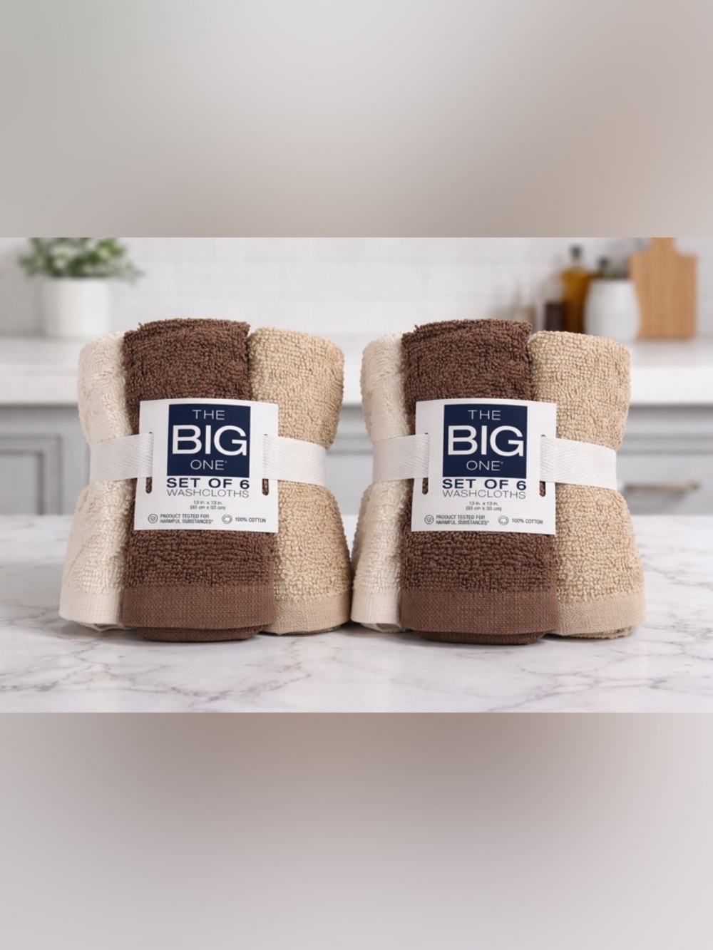 2 packs The Big One Washcloths Face Cloths 6 Pack Cotton Brown-Ivory 13" x 13"